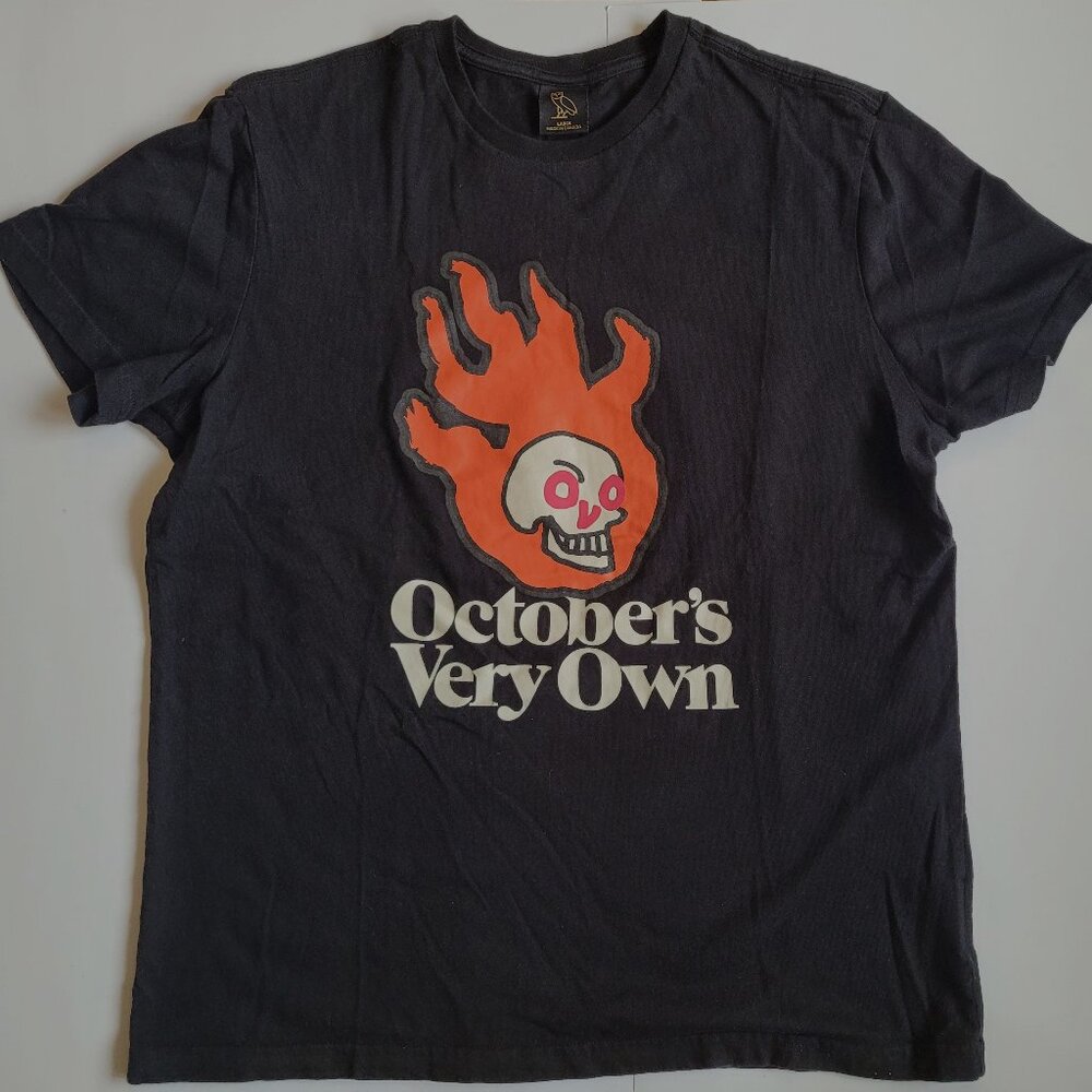 OVO Black T Shirt Mens Large Flaming Skull Drake